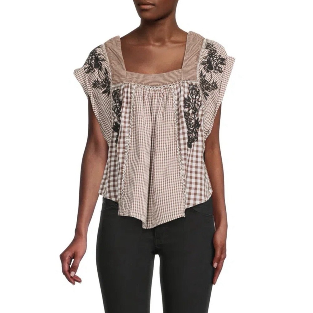 Free People We The Free Half Moon Gingham Embroidered Top XS